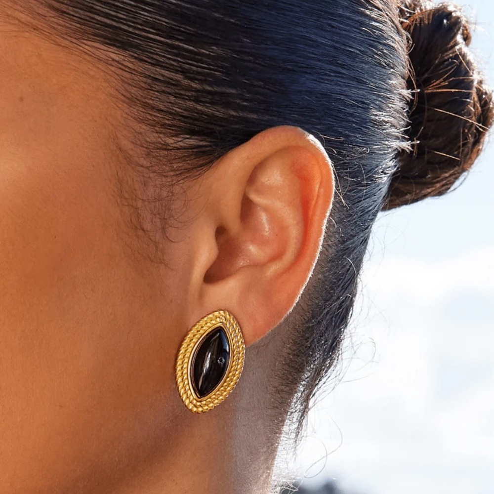 18K Gold Plated Black Onyx Geometric Stud Earrings